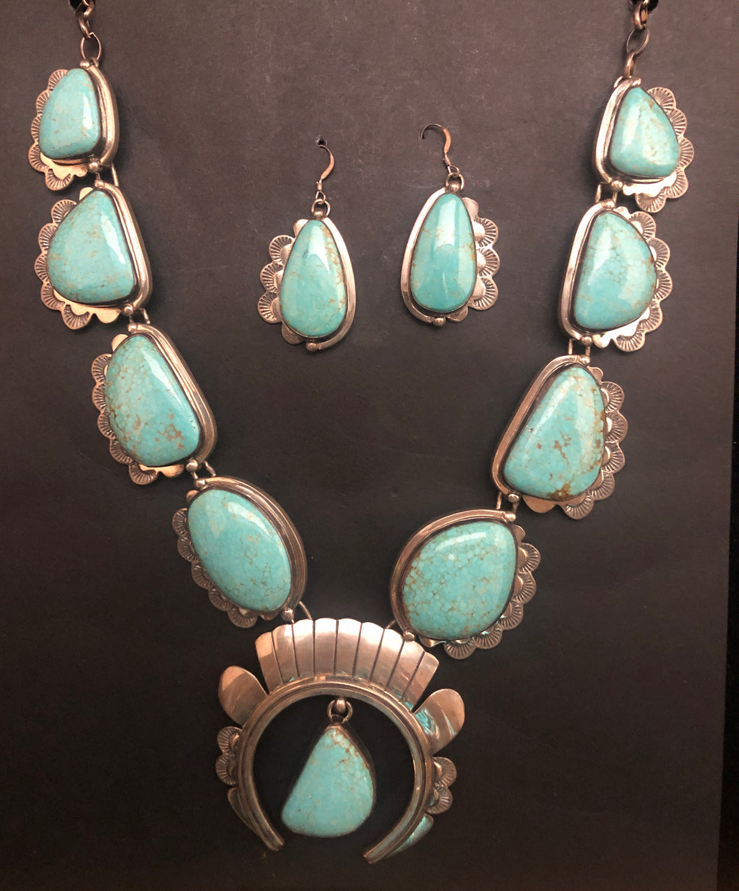 Turquoise Sterling Silver Squash Blossom Necklace Earring Set