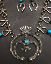 Load image into Gallery viewer, Turquoise Sterling Silver Squash Blossom Necklace Earing Set.
