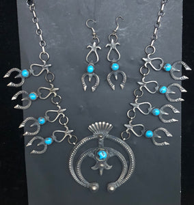 Turquoise Sterling Silver Squash Blossom Necklace Earing Set.