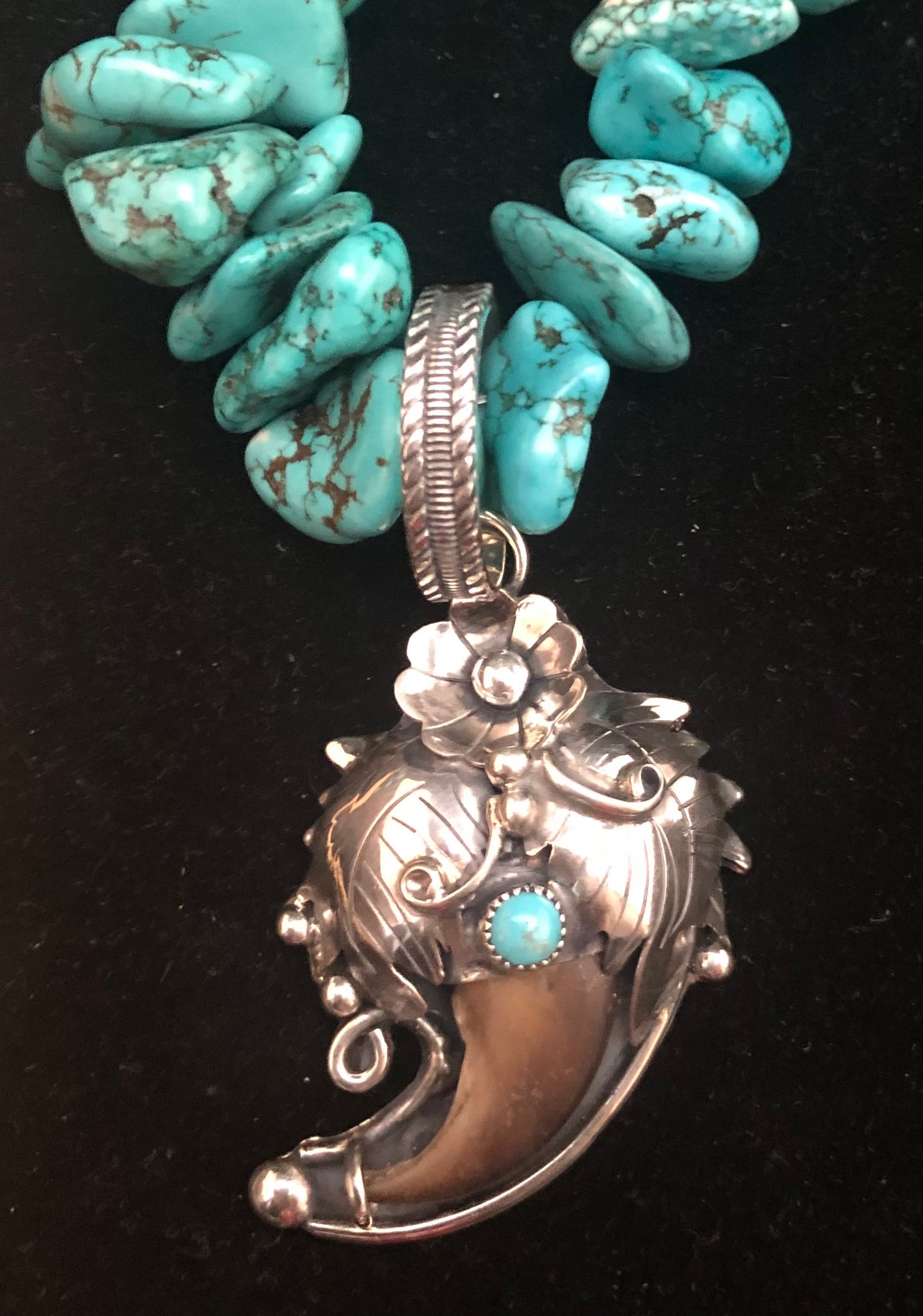 Native American Indian Silver Turquoise Bear Claw Squash Blossom Necklace